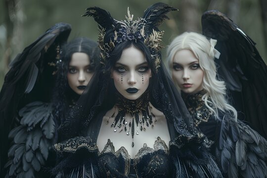 dark queen wearing black and gold dress. She has pale skin. The background is a dark forest. Wearing a feather cape outfit and black makeup, with a dark mood vibe. generative AI