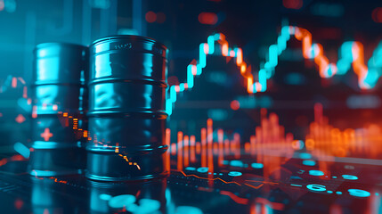 Oil price increase concept Oil barrels on growth chart background. Investment market and trading arrow going up. Generative Ai - obrazy, fototapety, plakaty