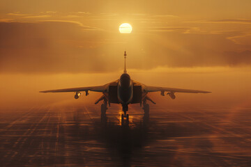 Dawn of a New Mission: Fighter Jet Awaits Takeoff Under Golden Sun - Banner - obrazy, fototapety, plakaty