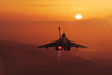 Sundown Flight: Military Jet Soaring Through Orange Sky Banner