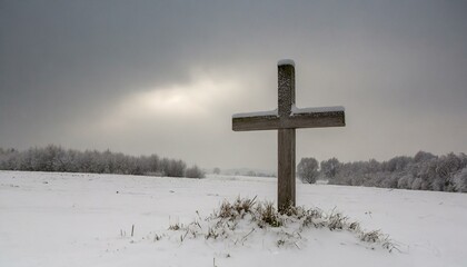Wooden Cross in a Snowy Meadow in the Winter
