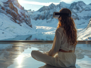 A young woman wearing virtual reality glasses sits in a room and travels in the mountains. Metaverse, VR, gadgets, technology concept - 763257042