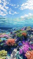 Naklejka premium Colorful coral field under the shallow ocean water. Vertical
