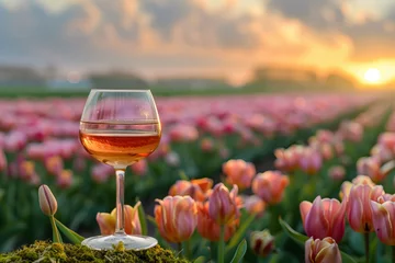 Fotobehang Serenity in Bloom: RosГ© Wine Amongst Vibrant Tulips at Sunset Banner © Алинка Пад