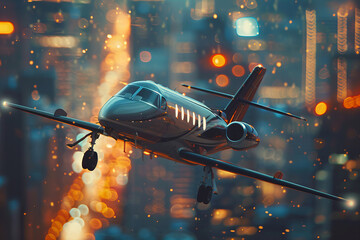Twilight Flight: Luxurious Private Jet Over Dazzling Cityscape Banner - obrazy, fototapety, plakaty