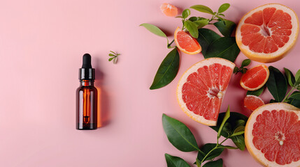 Flat lay composition with grapefruit essential oil on pink background. Space for text