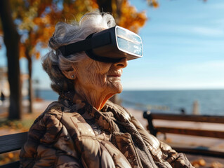 Elderly woman wearing virtual reality glasses sits on a park bench and is in the metaverse of relaxation, sea, mountains. - 763257293