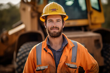 Young Australian mining worker standing in front of excavator