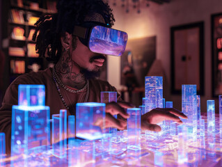 An engineer working in virtual reality glasses, engaged in design, digital technologies in 3D - 763257437