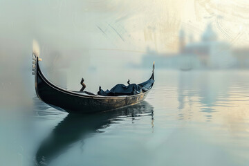 Serenity on Water: A Lonely Gondola Awaits Dawns Embrace - Tranquil Banner - obrazy, fototapety, plakaty