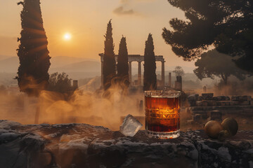 Sunset Ambiance with Ancient Ruins and Whiskey Glass Banner - obrazy, fototapety, plakaty