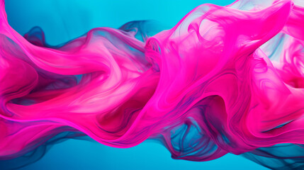 A detailed view of a swirling mixture of pink and blue liquids in a close-up shot. The colors merge together creating a mesmerizing pattern of movement. Abstract background. Banner. Copy space - obrazy, fototapety, plakaty