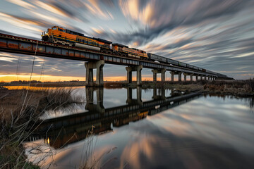 Dramatic Sky Reflections Over Serene Water as Train Crosses Bridge Banner