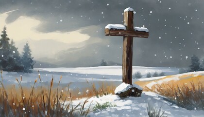 Wooden Cross in a Snowy Meadow in the Winter