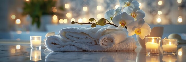 Spa composition featuring a cascade of white orchids, surrounded by flickering candles that emit a warm amber glow. Plush folded towels adorn the pristine white marble texture - Powered by Adobe
