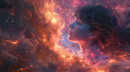Image of a girl that floats in the center of the universe, exuding a divine and majestic aura. The scene radiates an otherworldly beauty - obrazy, fototapety, plakaty