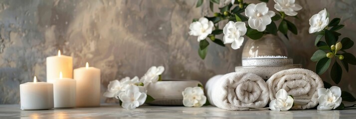 Elegant Spa Sanctuary Classy Setting with Lustrous A classy spa setting showcasing a pristine white Carrara marble texture, adorned with fresh white peonies