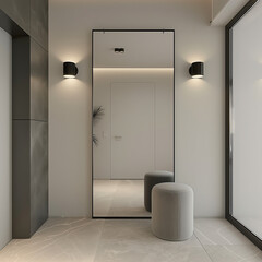 A modern entrance hall, white walls with grey accents, a large mirror on the wall, minimalistic design, modern lights and accessories, a gray stool near the door,