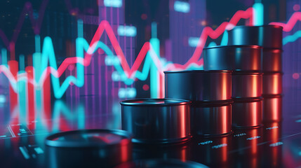 Oil price increase concept Oil barrels on growth chart background. Investment market and trading arrow going up. Generative Ai - obrazy, fototapety, plakaty