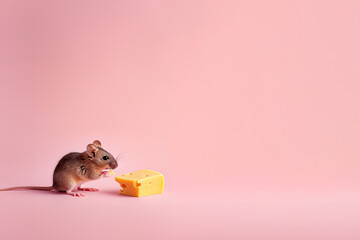 petite souris grise mangeant un morceau d'emmental jaune à trou sur un fond rose avec espace négatif copy space. Piège pour rongeur et animal nuisible.  - obrazy, fototapety, plakaty
