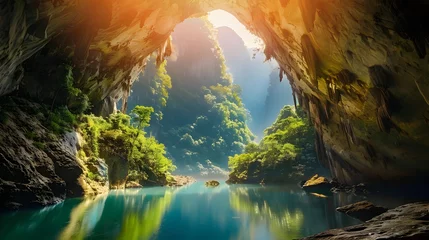 Foto op Plexiglas Guilin Sunrise Boat in a Cave Surrounded by Chinese Landscape