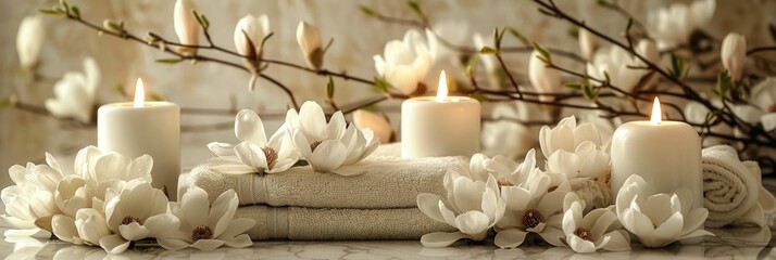 Spa environment showcases a unique display of white magnolias, accompanied by softly lit candles and fluffy towels adorned with silk trimming. The spotless cream marble