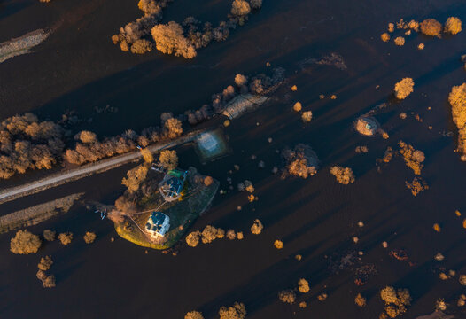 Aerial view of Nerl river in autumn with Church of the Intercession on the Nerl, Bogolyubovskoe, Vladimir, Russia.