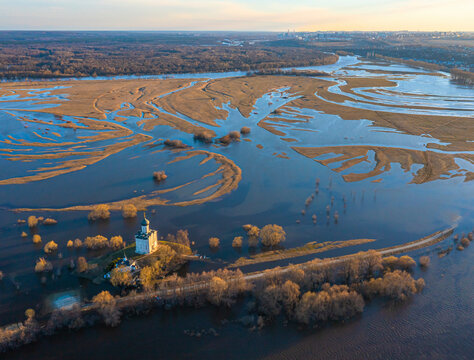Aerial view of flooded Nerl river and Church of the Intercession on the Nerl, Bogolyubovskoe, Russia.