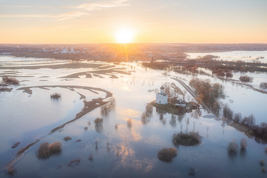 Aerial view of flooded Nerl river and Church of the Intercession on the Nerl, Bogolyubovskoe, Russia.