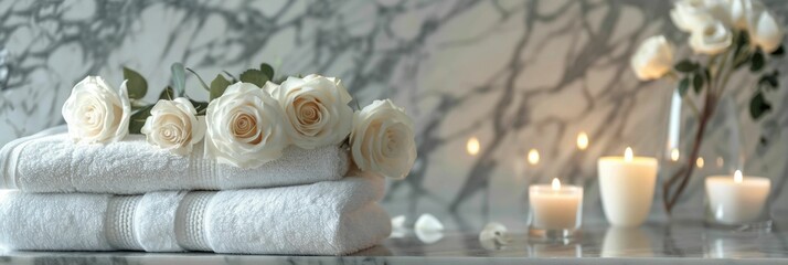 Spa interior, featuring white roses, candles casting intricate patterns on the walls, and exceptionally soft towels over high-end gray-veined