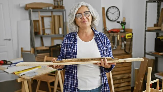 Mature woman examines wood in a well-equipped carpentry workshop, depicting craftsmanship.