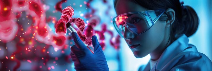 Scientist, deep in thought, meticulously examines medical testing tubes filled with blood cells and potential virus cure through DNA genome sequencing in a cutting-edge biotechnology