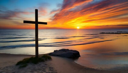 Wooden Cross against Sunset by the Sea - obrazy, fototapety, plakaty