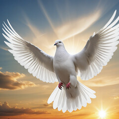 White dove of peace with open wings flying in the sky at sunset