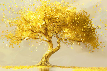 arbre en or, doré mais entièrement jaune or, comme peint. sur fond beige. Concept : arbre de la fortune.