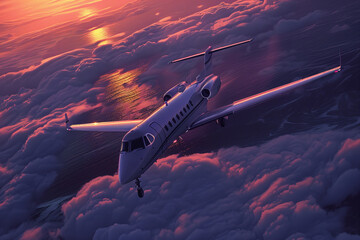 Private Jet Soaring Above Majestic Sunset Cloudscape Adventure Banner