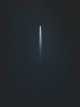 Aerial view of a boat like a rocket in the sea of Sicily, Italy.