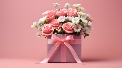 Festive pink box with a bouquet of flowers on a pink background. Concept for birthday and mother's day