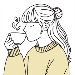 a girl drinking tea, minimal design, outline with solid fill color, background white vector illustration line art 1