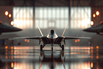 Futuristic Stealth Fighter Jet Poised in Hangar - Awe-Inspiring Military Banner.