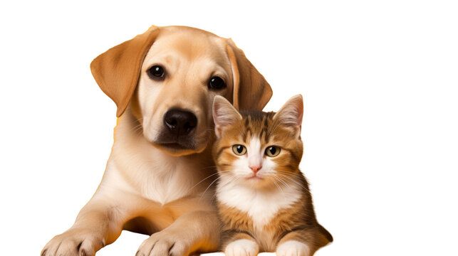 Playful cat and puppy on white background