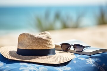 Straw hat, sunglasses and book on the beach. Vacation concept