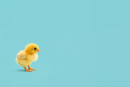 tr&egrave;s jeune poussin jaune sur pied, de profil sur un fond bleu uniforme avec espace n&eacute;gatif copy space