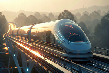 Futuristic High-Speed Train Gliding through a Serene Landscape at Sunrise Banner