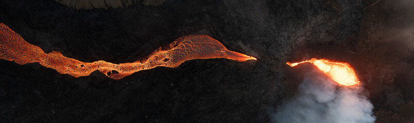 Aerial view of a lava river during the eruption in Iceland.