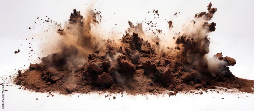 Poster a burst of soil is erupting on a blank canvas, creating a dynamic contrast between the earthy tones 