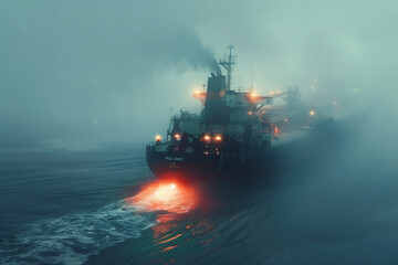 Mysterious Vessel Navigating Through Misty Night Seas Banner - obrazy, fototapety, plakaty