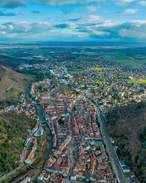 Aerial view of Thann of Haut-Rhin, in Grand East, Alsace, France.