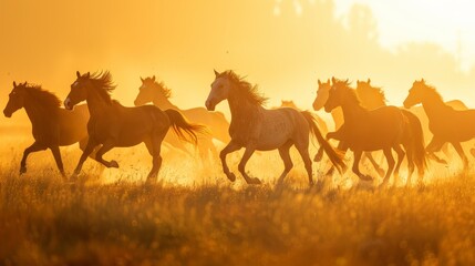 A herd of wild horses runs through a field at sunset, their silhouettes against the golden sky.