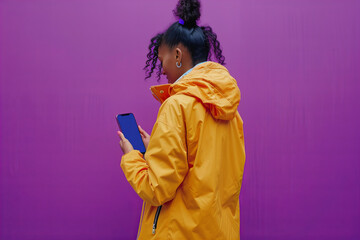 Young Woman in Yellow Jacket Engrossed in Smartphone Against Purple Backdrop Banner